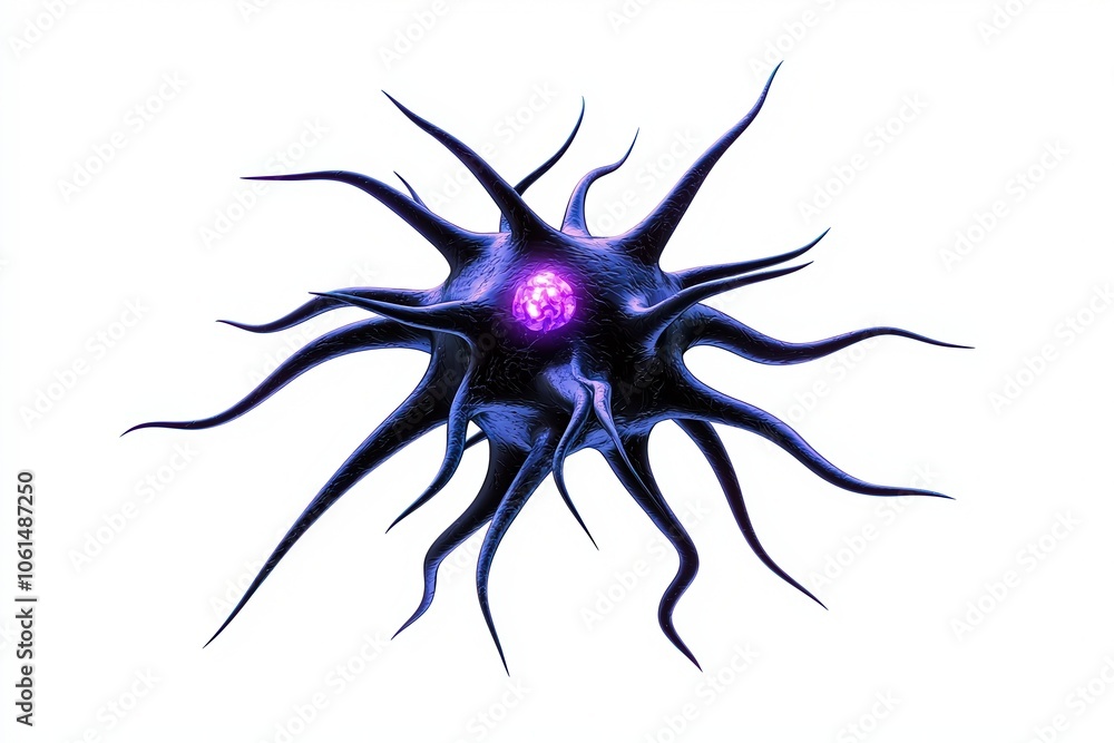 Poster abstract representation of a cell structure with spiky extensions and a central nucleus, isolated on