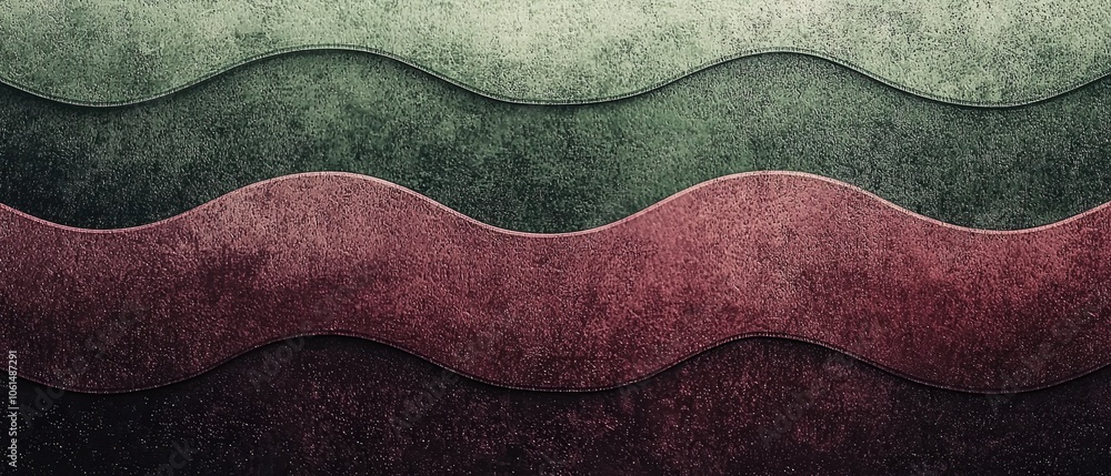 Poster abstract textured waves in green and red tones on a rustic background.