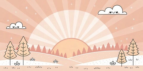Naklejka premium minimalist cute cartoon sunrise forest background