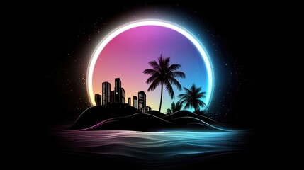 Obraz premium Neon Cityscape Island Palm Trees