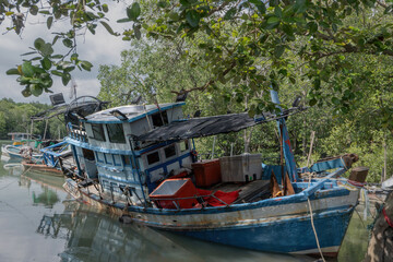Obraz premium The colorful traditional wooden fishing boat is aground in the shallow water of the mangrove forest canal, Phuket, Thailand.