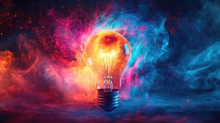 Creative explosion of bright blue, pink, and orange paint around a glowing light bulb. This vibrant design symbolizes innovation, energy, and ideas