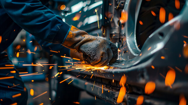 The mechanic uses a grinding tool for sanding and painting cars, and repairing sections after accidents.