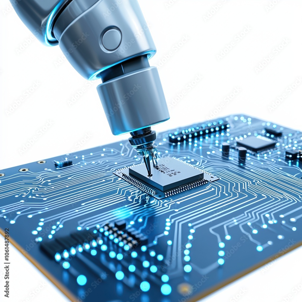 Aufkleber automated robotic arm soldering components on a printed circuit board with blue lighting.