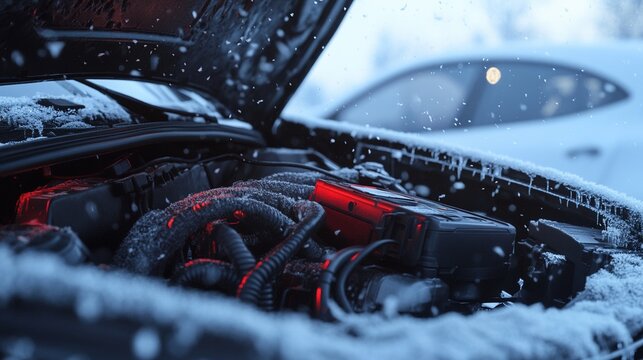 Winter roadside car breakdown with open hood showing engine and portable jump starter booster attached to battery in snowy landscape. Rescue,hope,survival,solution,challenge,overcoming obstacles