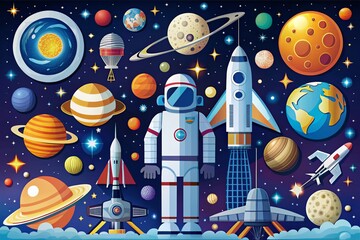 Space Exploration Elements Silhouette Collection: Spacecraft, Satellites, Astronauts, Rockets, and More for Stellar Imagery