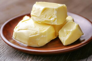 A close-up of several pieces of butter stacked on a wooden plate, showcasing its creamy texture and rich color.