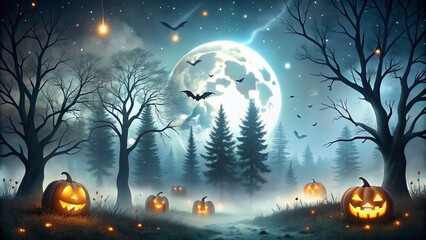 Fototapeta premium Spooky Halloween Night Long Exposure Illustration with Ghostly Shadows, Eerie Moonlight, and Haunting Landscapes for Captivating Holiday Themes