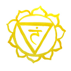 Manipura chakra. Watercolor blot. Hand drawn sloppy vector art. Om sign. Yellow circle. Sacral icon. Meditation