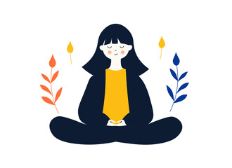 a woman sits cross-legged with her eyes closed. minimalist vector graphic