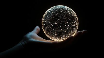 Hand holding a glowing digital network sphere on a dark background, a technology concept