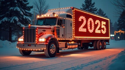 Large semi-truck decorated with bright lights displaying "2025," driving through a snowy winter landscape at dusk, creating a festive and celebratory holiday scene