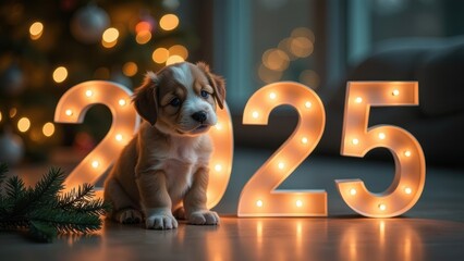 Adorable puppy sitting beside illuminated "2025" numbers, with festive bokeh lights and a Christmas tree in the background, creating a warm and cozy New Year scene