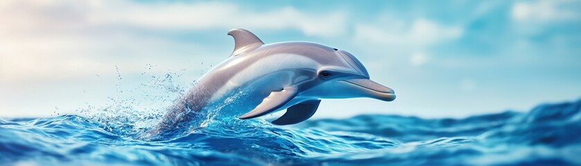 Naklejka premium Dolphin leaping out of the ocean, splashing water in a vibrant blue sea.