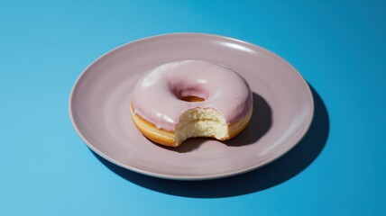 Single pink glazed donut with a bite on pink plate