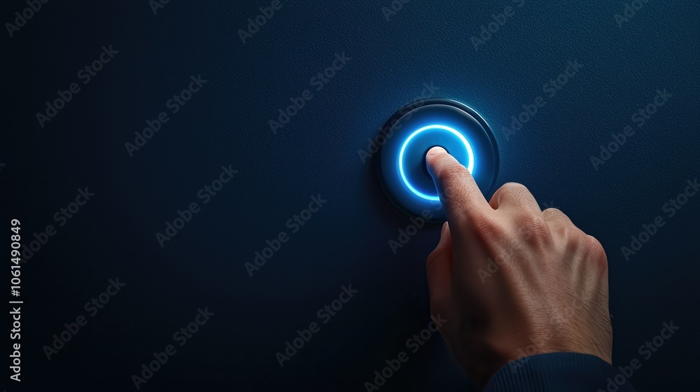 Poster hand pressing a blue illuminated button on a dark surface, concept of automation and interactivity.