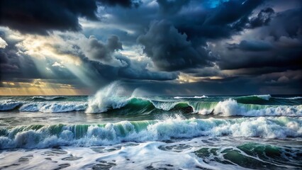 Fototapeta premium Stormy Sea Waves Crashing on Shore in Rainy Windy Weather - Dramatic Low Light Photography for Nature Lovers