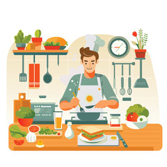 the cook is cooking in the kitchen with various ingredients