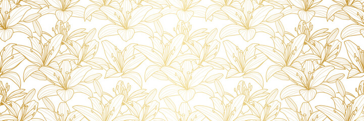 Golden lily floral vintage print, gradient elegant banner design, seamless repeating pattern background design