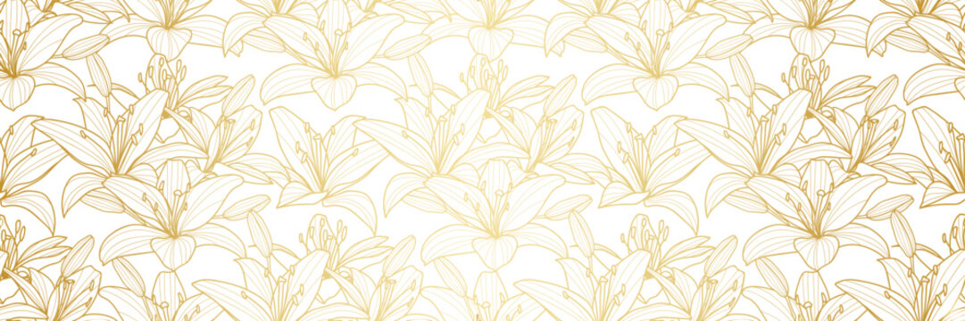 Golden lily floral vintage print, gradient elegant banner design, seamless repeating pattern background design