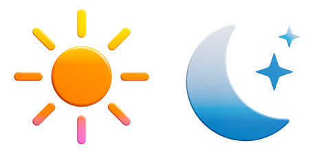 orange sun and blue moon icon isolated on white background, day and night icon, 3d render