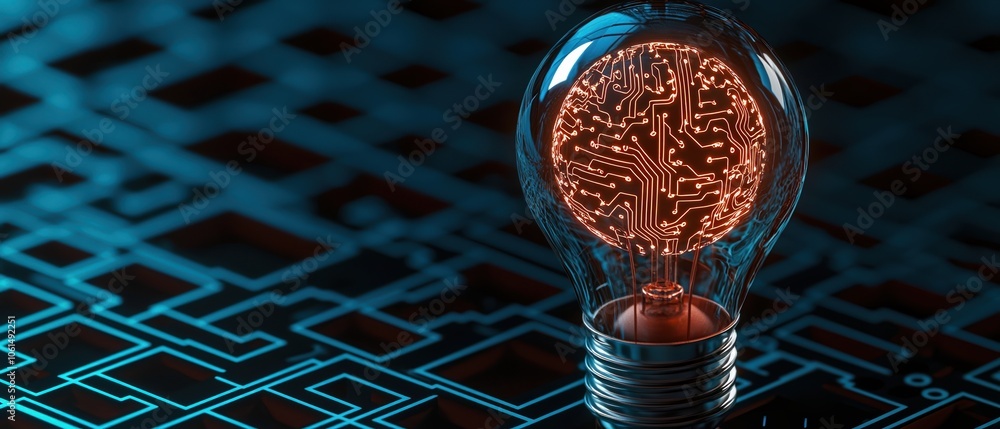 Poster modern light bulb with glowing brain design on a digital circuit background.