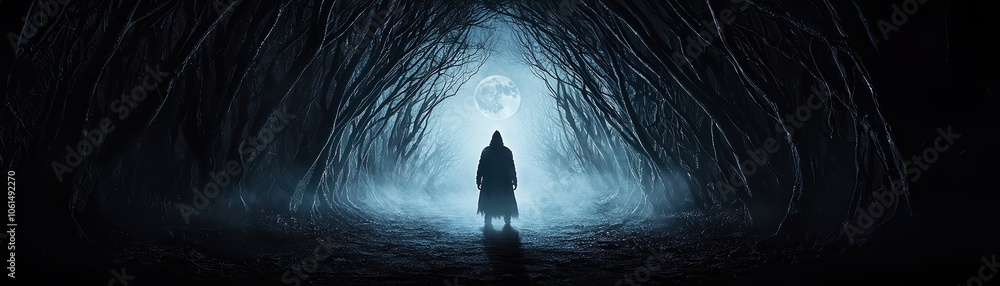 Poster mysterious figure in a dark forest with glowing light, evoking feelings of solitude and introspectio