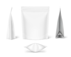 Realistic stand up pouch bag mockup with transparent shadow. Front, side, bottom and sectional views. Vector illustration isolated on white background. Ready for your design. EPS10.