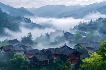 Obraz premium village shrouded in mist,fogg with trees and houses
