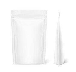 Realistic stand up pouch bag mockup with transparent shadow. Front and side views. Vector illustration isolated on white background. Ready for your design. EPS10.	