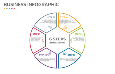 Visual data presentation. Cycle diagram with 6 options. Pie Chart Circle thin line infographic template with 6 steps, options, parts, segments. Business concept. Marketing infographic outline style.