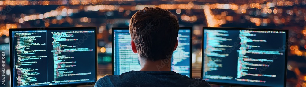 Poster person working on multiple computer screens in a modern office with city lights in the background.