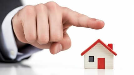 Hand pointing at miniature house, symbol of home ownership, investment, and real estate dreams