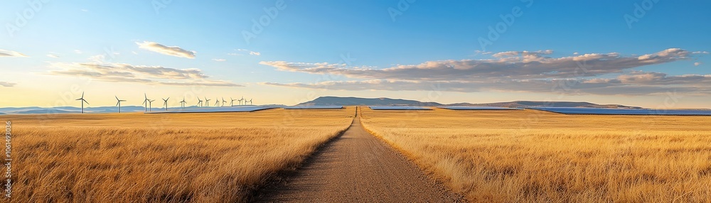 Wall mural scenic open landscape with a dirt road leading through golden fields under a blue sky.