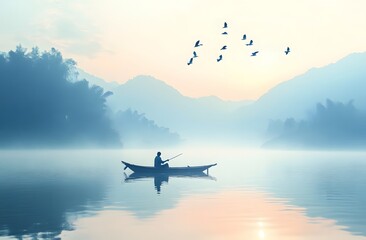 small boat floats on the calm lake, surrounded by misty mountains