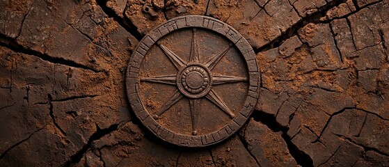 Naklejka premium Rustic compass design on cracked earthy surface, detailed texture, and aged appearance.