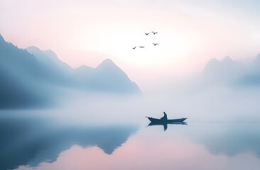 small boat floats on the calm lake, surrounded by misty mountains