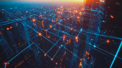 Obraz premium Smart digital city with connection cyber security network reciprocity over the cityscape . future smart wireless digital city and social media networking systems that connects people within the city