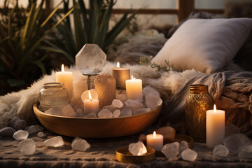 Serene meditation space with candles, sage, and crystals, creating a peaceful atmosphere for spiritual practices