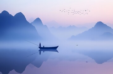 small boat floats on the calm lake, surrounded by misty mountains