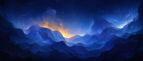 A serene abstract landscape featuring deep blue mountains and a warm glow on the horizon.