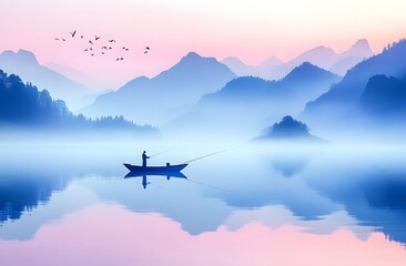 small boat floats on the calm lake, surrounded by misty mountains