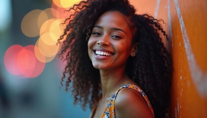 A young woman with curly hair smiles brightly against an urban backdrop during sunset in a vibrant neighborhood