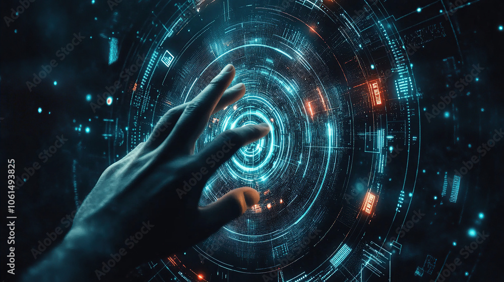 Wall mural hand touching a futuristic digital hologram with a circular graphic interface on a dark background, 