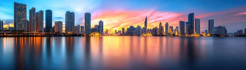 Obraz premium Stunning panoramic skyline view of a city at sunset with vibrant colors reflected in the water.