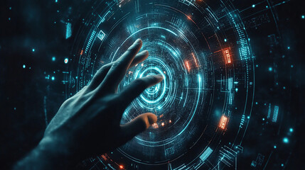 Fototapeta premium Hand touching a futuristic digital hologram with a circular graphic interface on a dark background, an AI technology concept