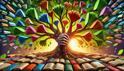 A vibrant tree with colorful book-leaves symbolizing knowledge, growth, and imagination, ideal for educational themes