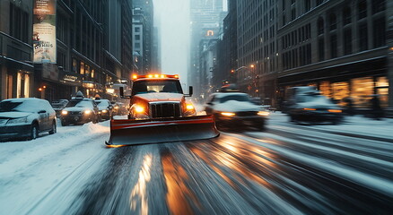 Snow plow truck clearing residential streets in winter emphasizing snow removal, Generative AI
