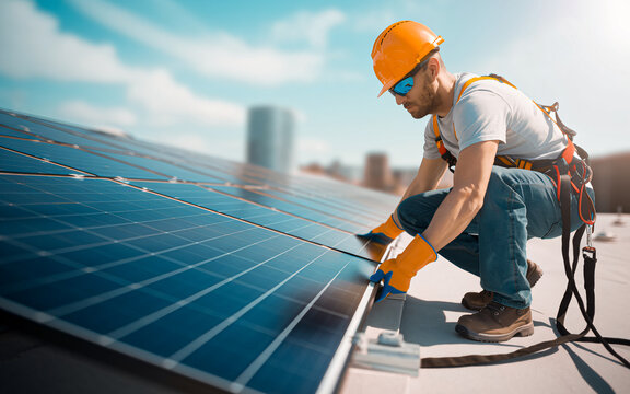a man wearing a orange hard hat, safety harness, and   gloves, working on a rooftop solar panel. He is kneeling on the roof and appears to be installing the panels  generative ai