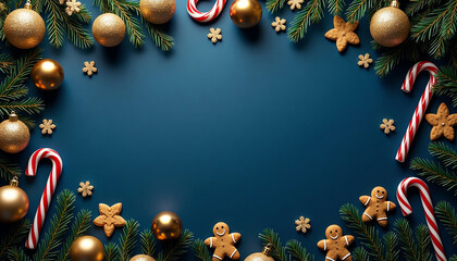 Christmas decorative frame with gingerbread and ornaments on blue background